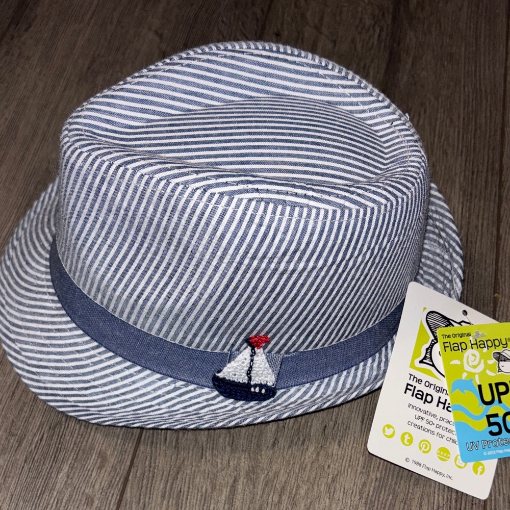 Flap Happy Striped Seersucker Fedora Hat Sailboat Patch Blue & White New